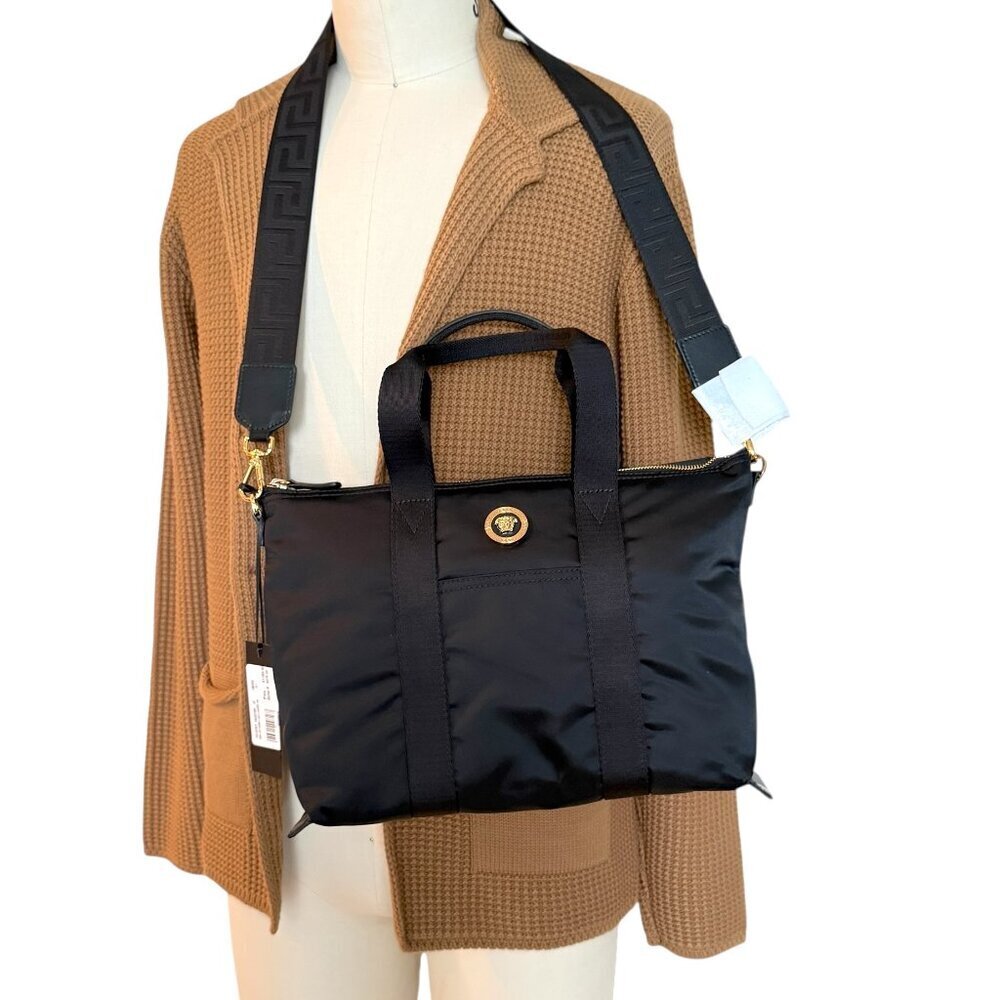 Versace‎ 1013787 Black Nylon Fabric La Medusa Shoulder Zip Top Tote Bag $1200